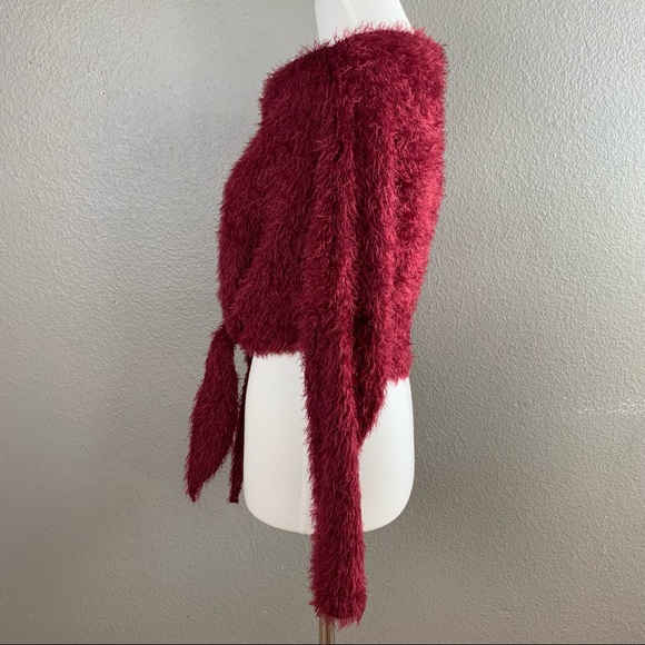 Fashion Nova red wine fuzzy cropped tie sweater - Picture 7 of 9